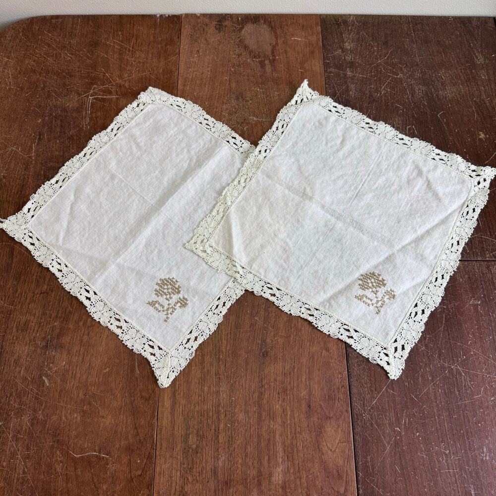 Vintage Cotton embroidered‎ lace edge Beige Rose Cross stitch cloth Napkins